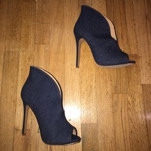 Dark blue denim peep toe heels